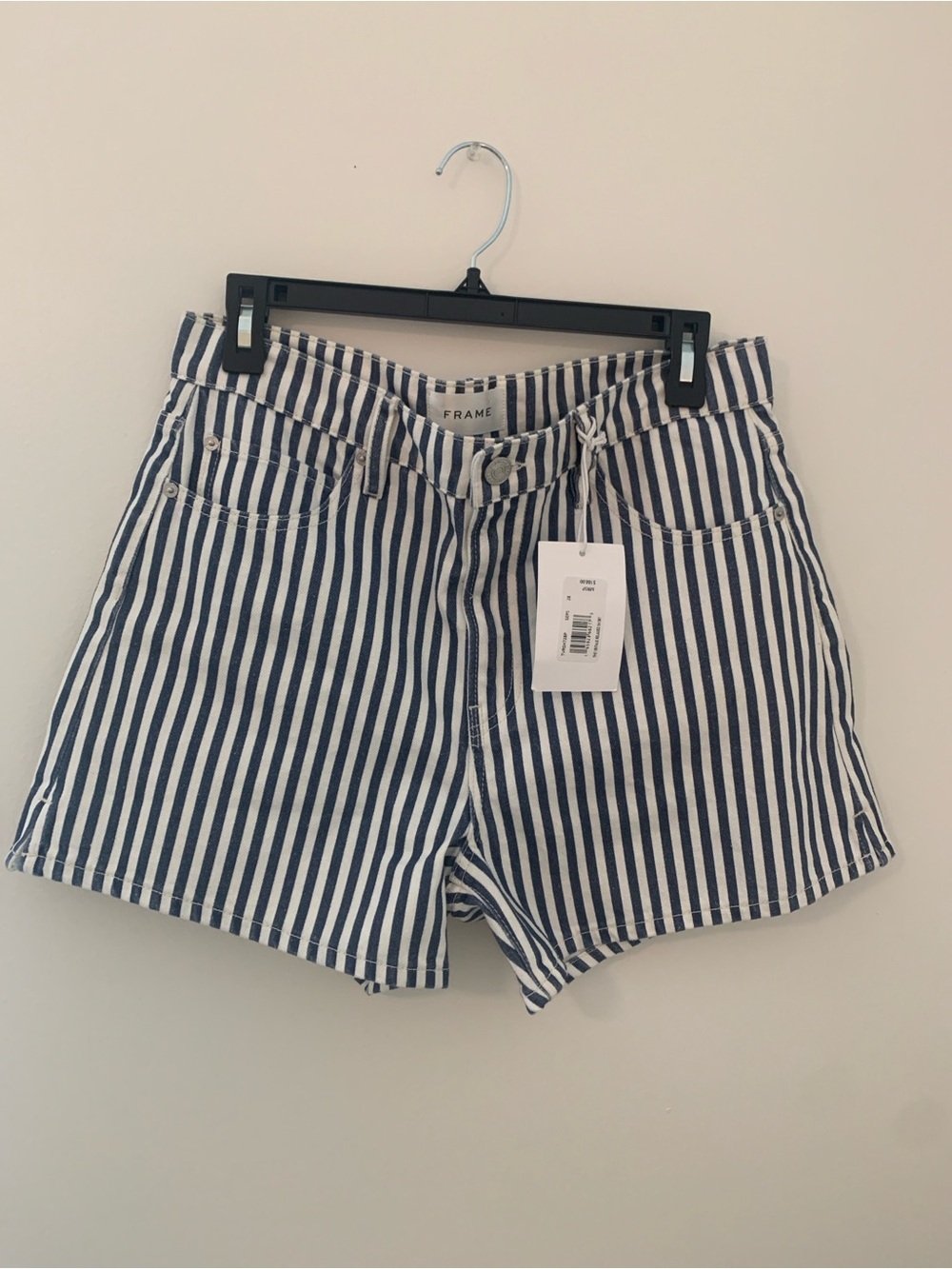 Frame Denim Navy and White Vertical Stripe High-Rise Shorts